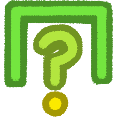 a bracket at the top of the screen in green facing down, under the bracket is a question mark, the top of the question mark is yellowish green and the dot of the question mark is yellow
